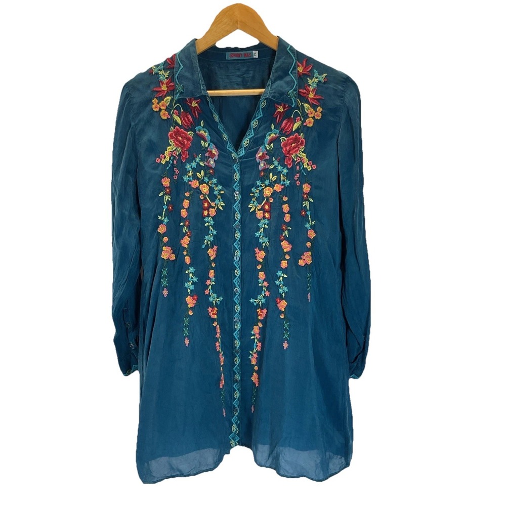 Johnny Was Tunic mini dress Teal Blue Embroidered Boho Button Front Floral PET S